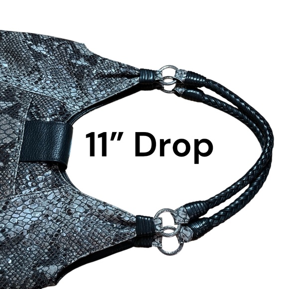 BRIGHTON Python Embossed Shoulder Bag Gray / Black Genuine Leather Braided Strap - Picture 8 of 13